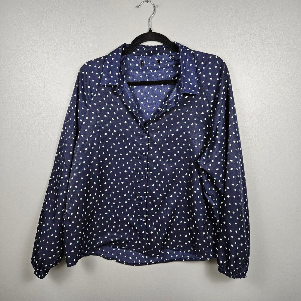 OAT New York Polka Dot Blouse Womens Blue Button Front Long Sleeve‎ Top